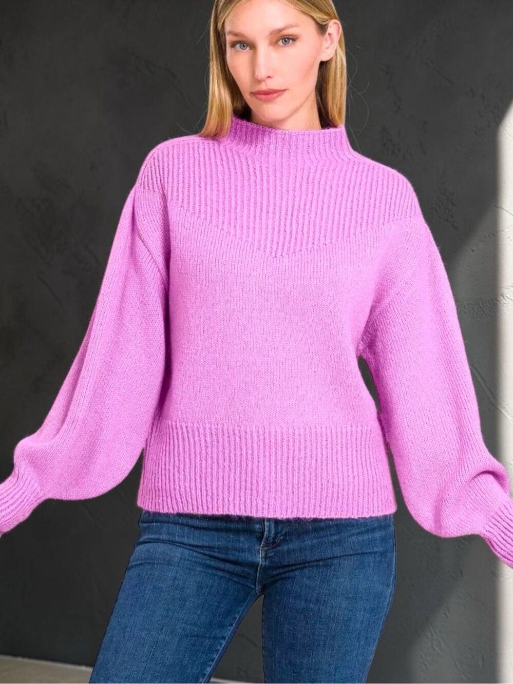 Zenana Pink Purple Balloon Sleeve Mock Neck Sweater Ribbed Knit Pullover NWT - Picture 2 of 8